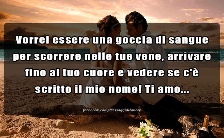 Vorrei essere una goccia di sangue per scorrere nelle tue vene, arrivare fino al tuo cuore e vedere se c e scritto il mio nome! Ti amo... (Messaggi d'Amore, Frasi e Immagini)