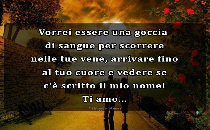 Vorrei essere una goccia di sangue per scorrere nelle tue vene, arrivare fino al tuo cuore e vedere se c e scritto il mio nome! Ti amo... (Messaggi d'Amore, Frasi e Immagini)